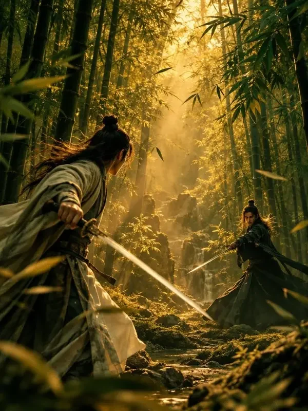 黄果短剧武侠题材海报，刀光、旧约与一场下不完的雨