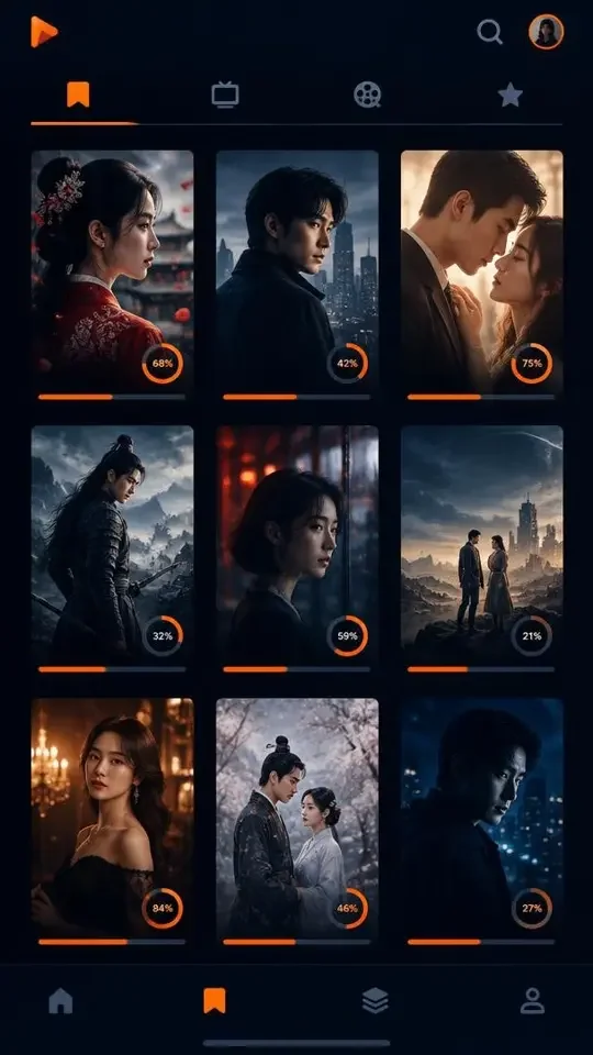 黄果短剧 App 追剧界面 黄果短剧 App「追剧」界面截图,追剧清单自动记住进度